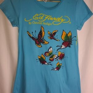 Ed Hardy Blue T-Shirt with Colorful Butterflies